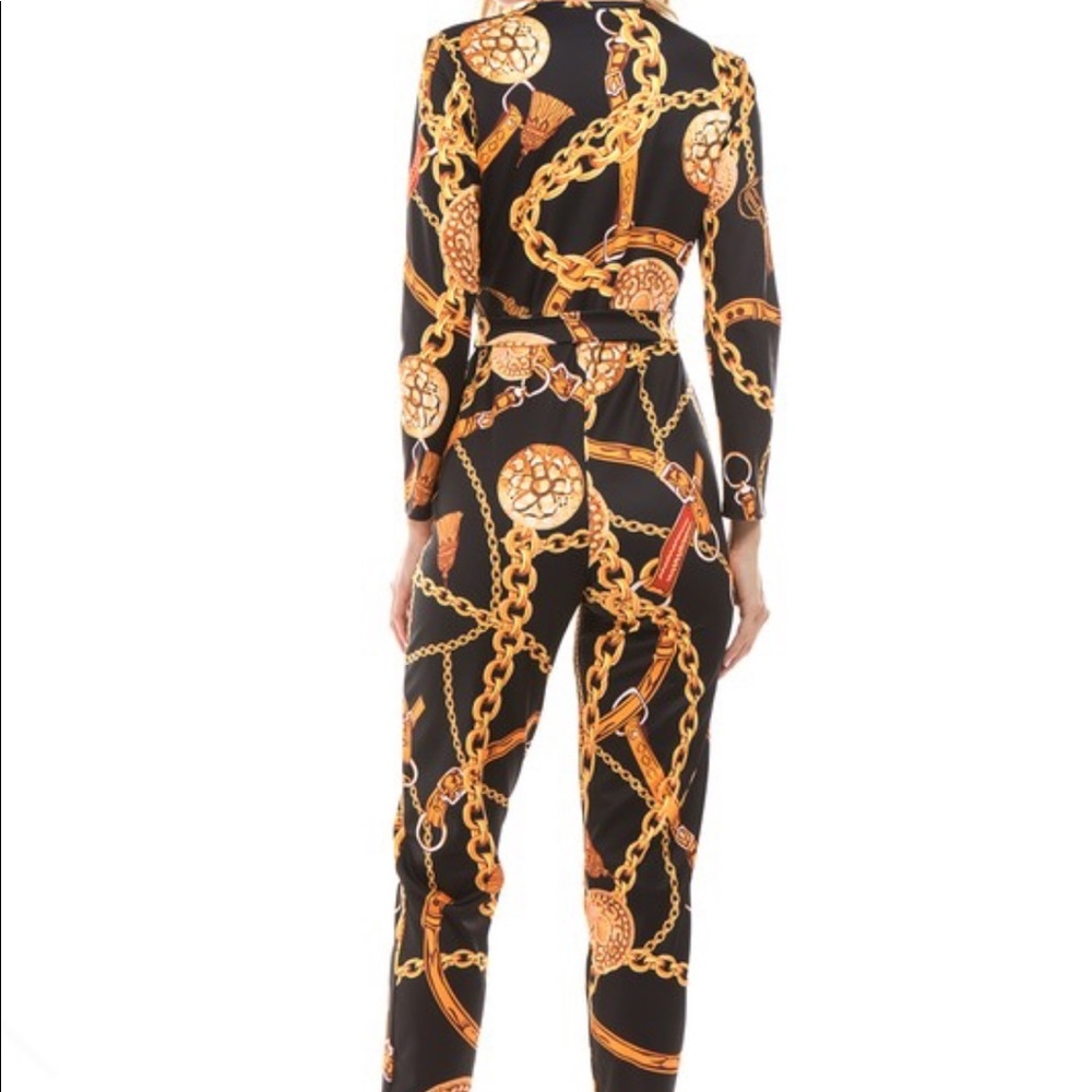 Black Gold Chain Print Jumpsuit Jumper Outfit - Picture 6 of 6